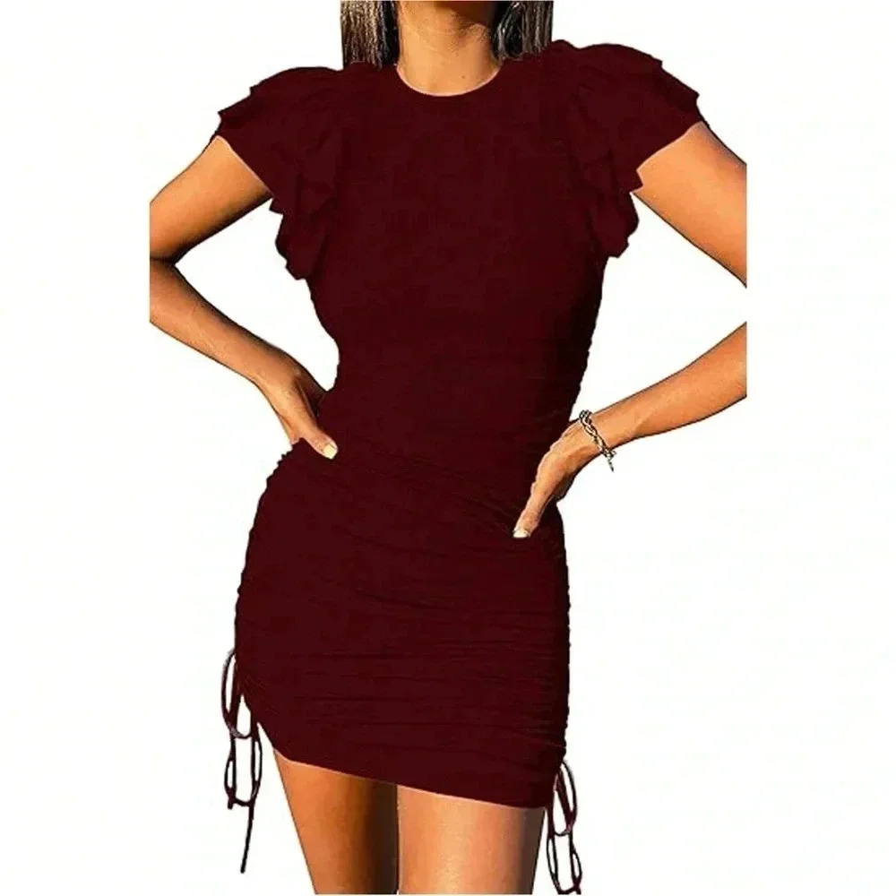 Womens Ruffle Short Sleeve Mini Ruched Drawstring Ribbed Summer wine size S/M